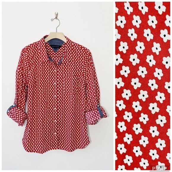 Tommy Hilfiger Tops - Tommy Hilfiger 3X Scarlet Red White Ditsy Floral Chambray Trim Tab Sleeve Shirt